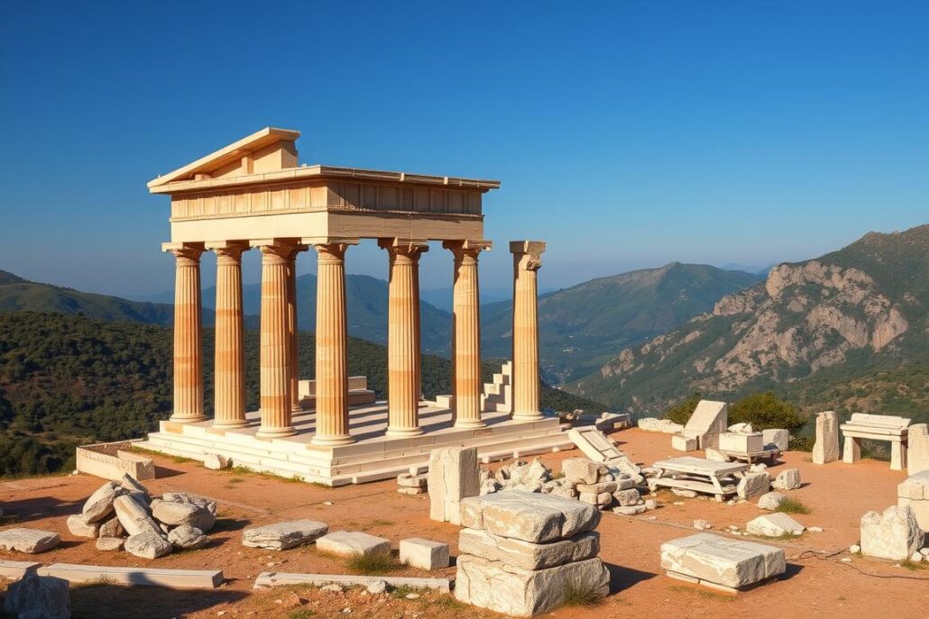 Ancient ruins of Delphi with mountains in background, showcasing Greece's timeless travel experience Ancient ruins of Delphi with mountains in background, showcasing Greece's timeless travel experience