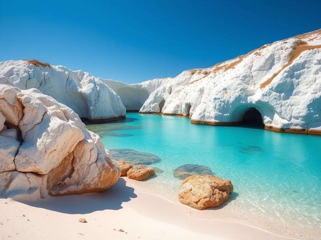 Crystal clear waters of a secluded beach in Milos, Greece, part of the timeless travel experience Crystal clear waters of a secluded beach in Milos, Greece, part of the timeless travel experience