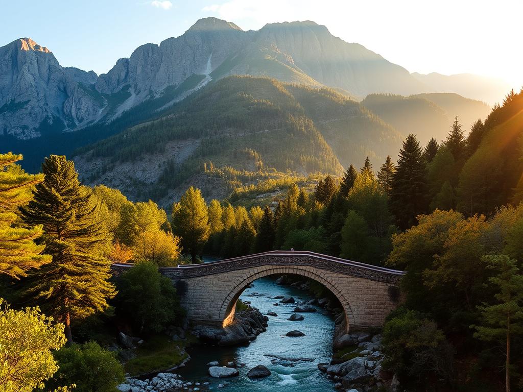 Dramatic mountain landscape of Zagori region with stone bridges, part of Greece's timeless travel experience Dramatic mountain landscape of Zagori region with stone bridges, part of Greece's timeless travel experience