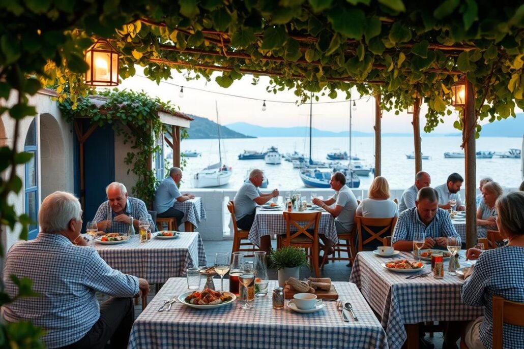 Family-run taverna on a Greek island with tables under grape vines and locals enjoying dinner, part of Greece's timeless travel experience Family-run taverna on a Greek island with tables under grape vines and locals enjoying dinner, part of Greece's timeless travel experience