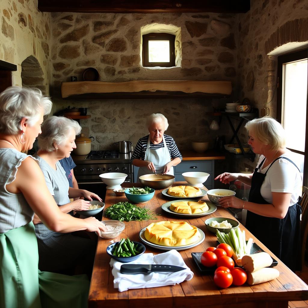 Greek cooking class with local ingredients in a traditional kitchen, highlighting Greece's timeless travel experience Greek cooking class with local ingredients in a traditional kitchen, highlighting Greece's timeless travel experience