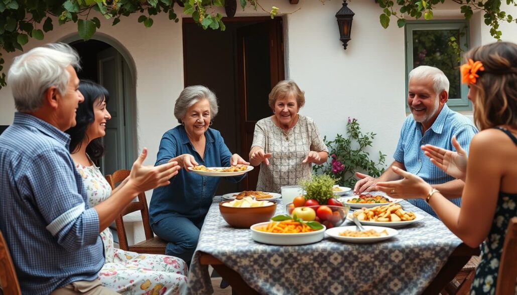 Greek family welcoming travelers to their home for a meal, demonstrating philoxenia and Greece's timeless travel experience
