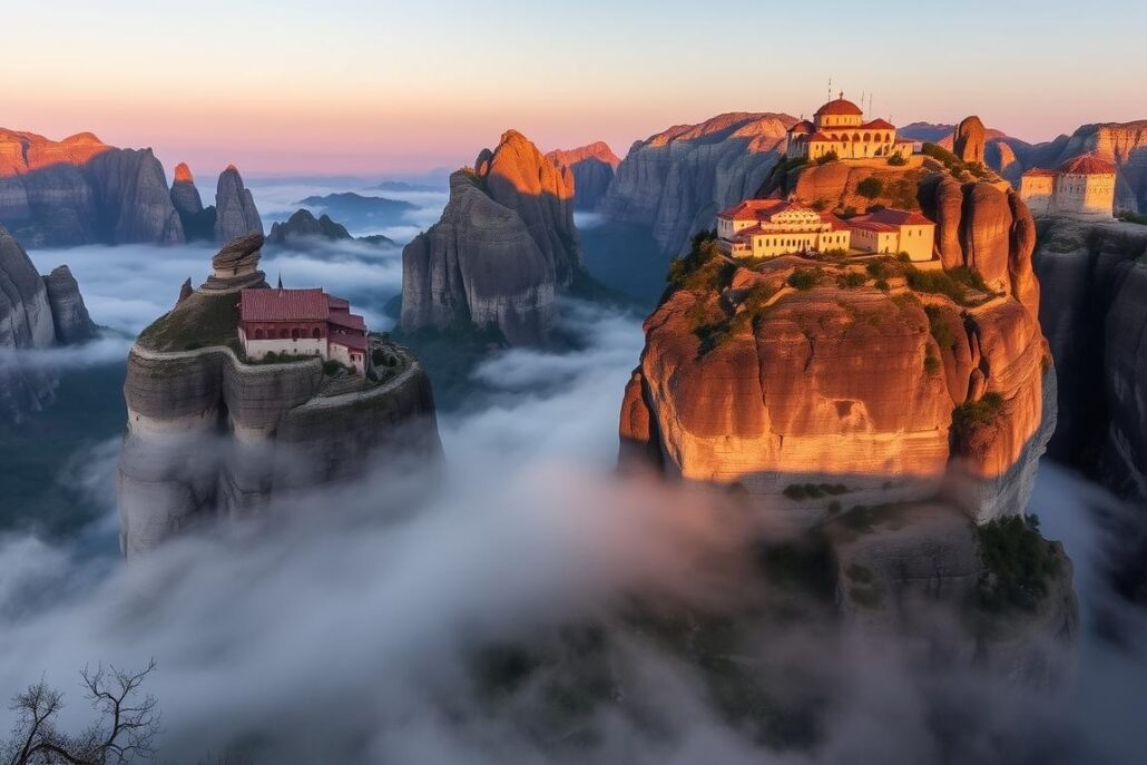 Meteora monasteries perched on dramatic rock formations, a highlight of Greece's timeless travel experience Meteora monasteries perched on dramatic rock formations, a highlight of Greece's timeless travel experience