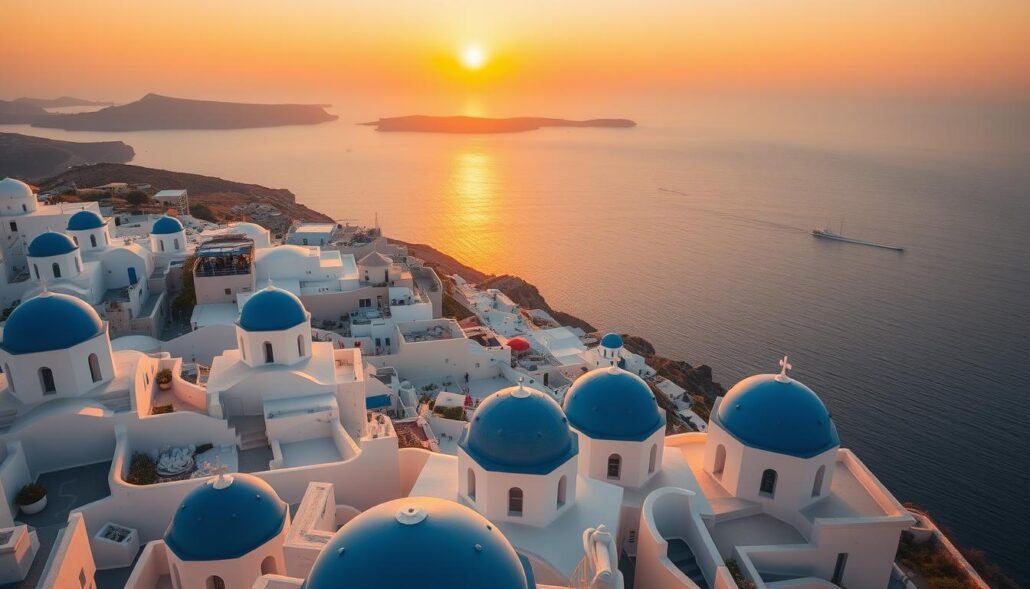 Santorini sunset over the caldera, epitomizing Greece's timeless travel experience