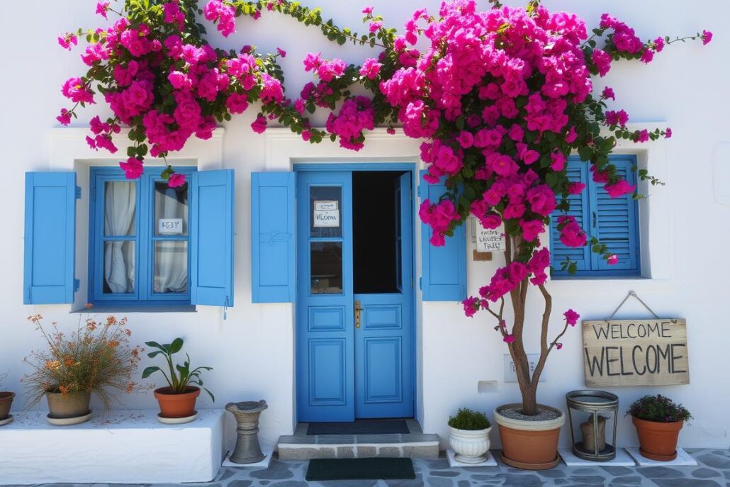 Small family-run guesthouse on a Greek island with traditional architecture and flowers, part of Greece's timeless travel experience Small family-run guesthouse on a Greek island with traditional architecture and flowers, part of Greece's timeless travel experience