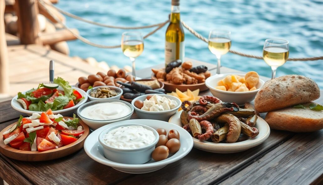 Traditional Greek meze spread with various dishes on a rustic wooden table by the sea, exemplifying Greece's timeless travel experience