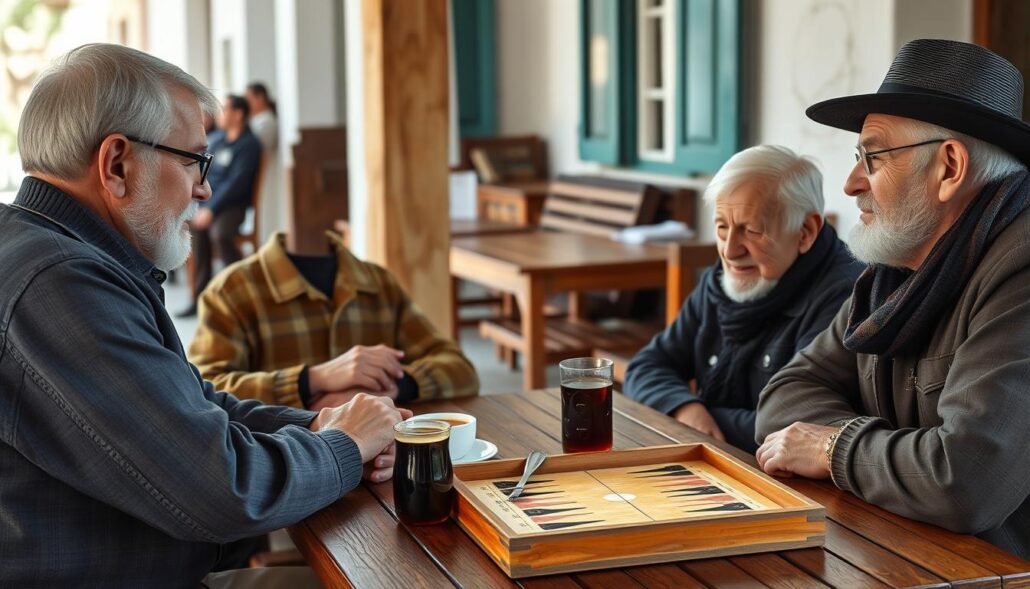 Traveler sitting with elderly Greek locals at a village kafenion, experiencing Greece's timeless travel traditions