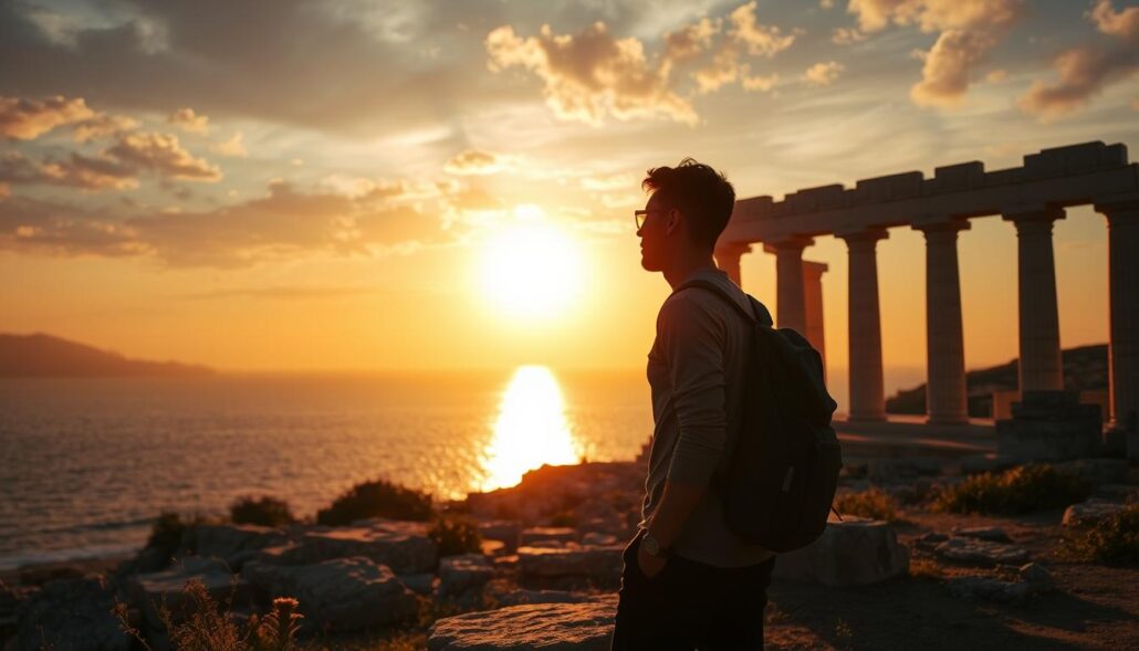 Traveler watching sunset over ancient temple ruins, embodying Greece's timeless travel experience